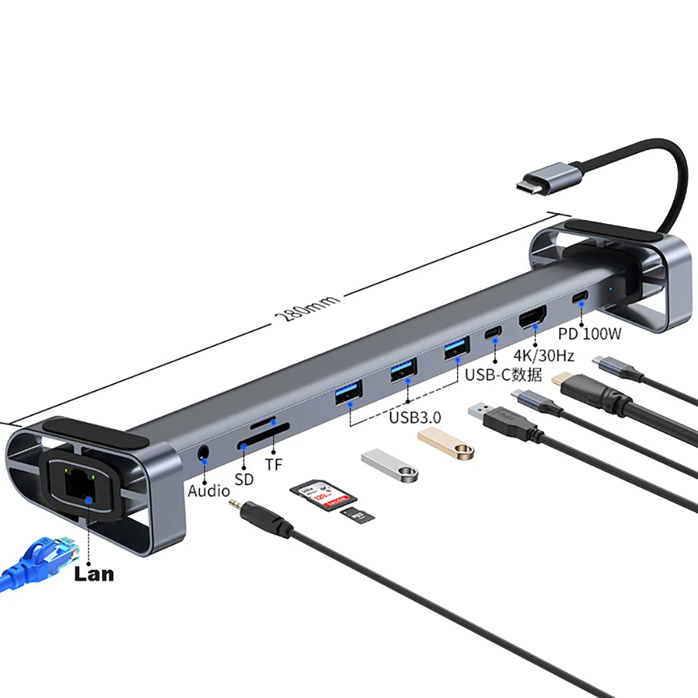 10-Port USB-C Hub & Laptop Stand – 4K HDMI, LAN, PD 100W USB-C Docking Hub HIP
