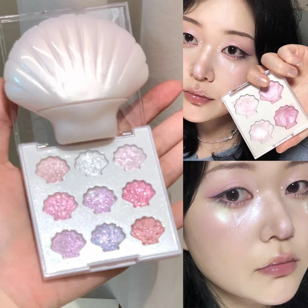 4/9 Colors Shell-Shape Eyeshadow Palette Sparkling Dreamy Pink Blue Pearl White Brighten Lasting Glitter Mineral Makeup Plate HIP