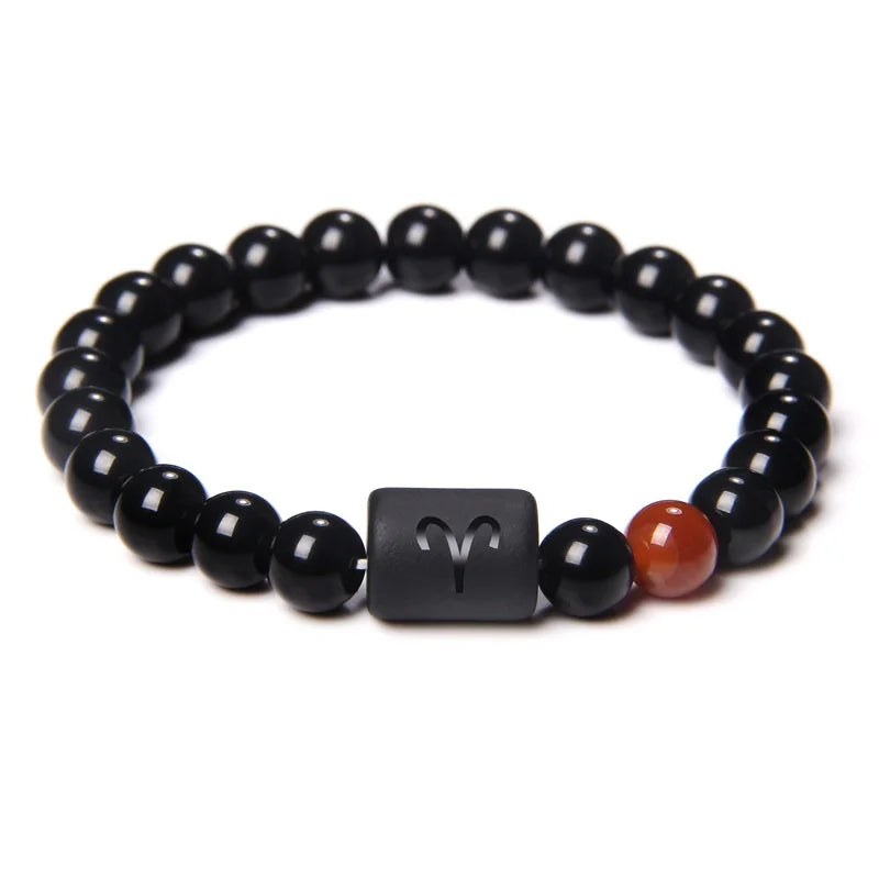12 Constellation Zodiac Signs Beads Couples Bracelet Natural Black Onyx Stone Elastic Charm Bracelet for Women Men Birthday Gift HIP Aries