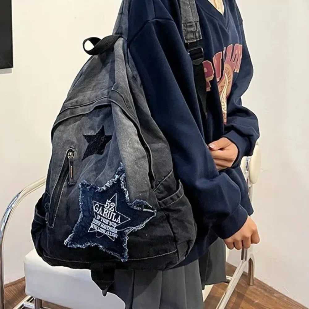 Star Pattern Denim Backpack – Y2K Punk School Bag Unisex Denim Backpack HIP