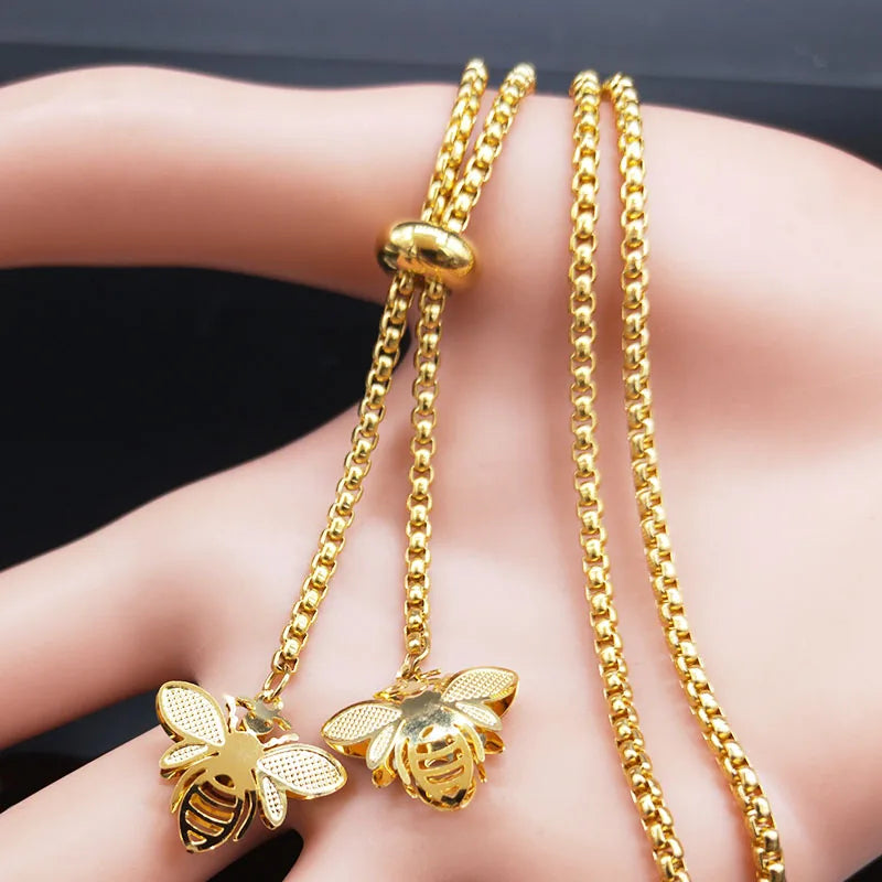 Fashion Bee Stainless Steel Long Necklace for Women Gold Color Statement Necklace Jewelry colgantes mujer moda N1525S03 HIP