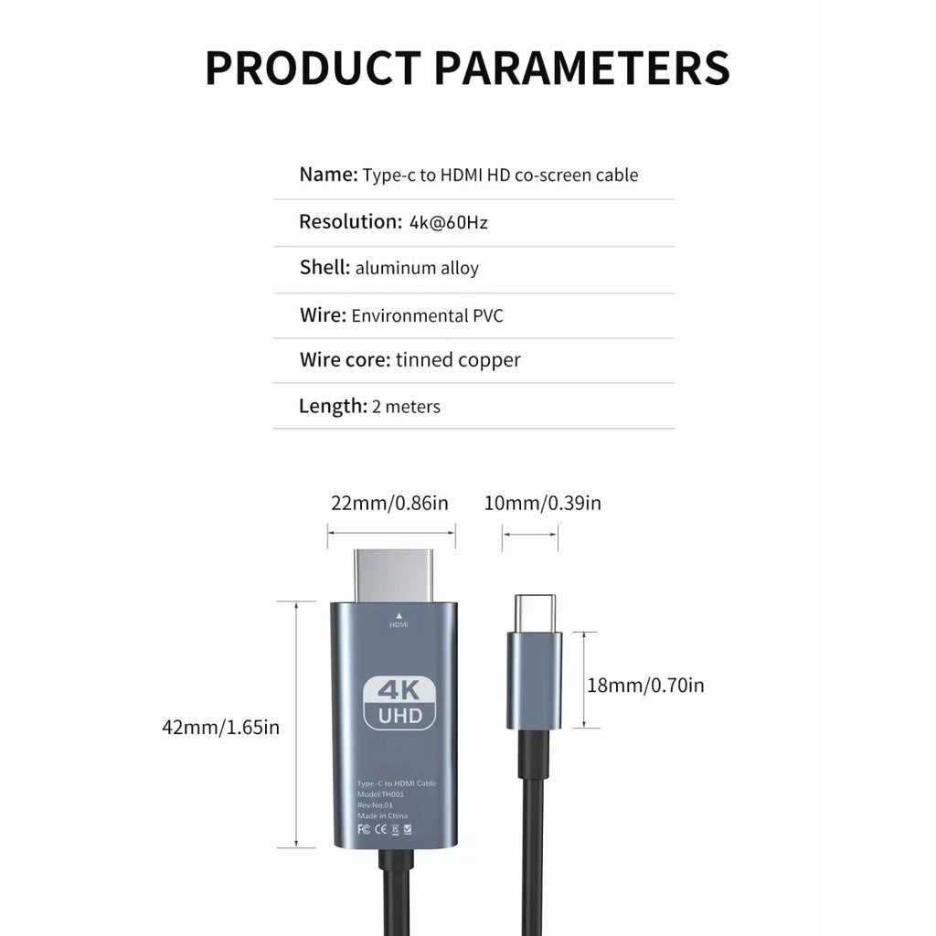 USB-C to HDMI 4K 60Hz Braided Cable 2M – Gray | HIP HDMI Video Cable HIP