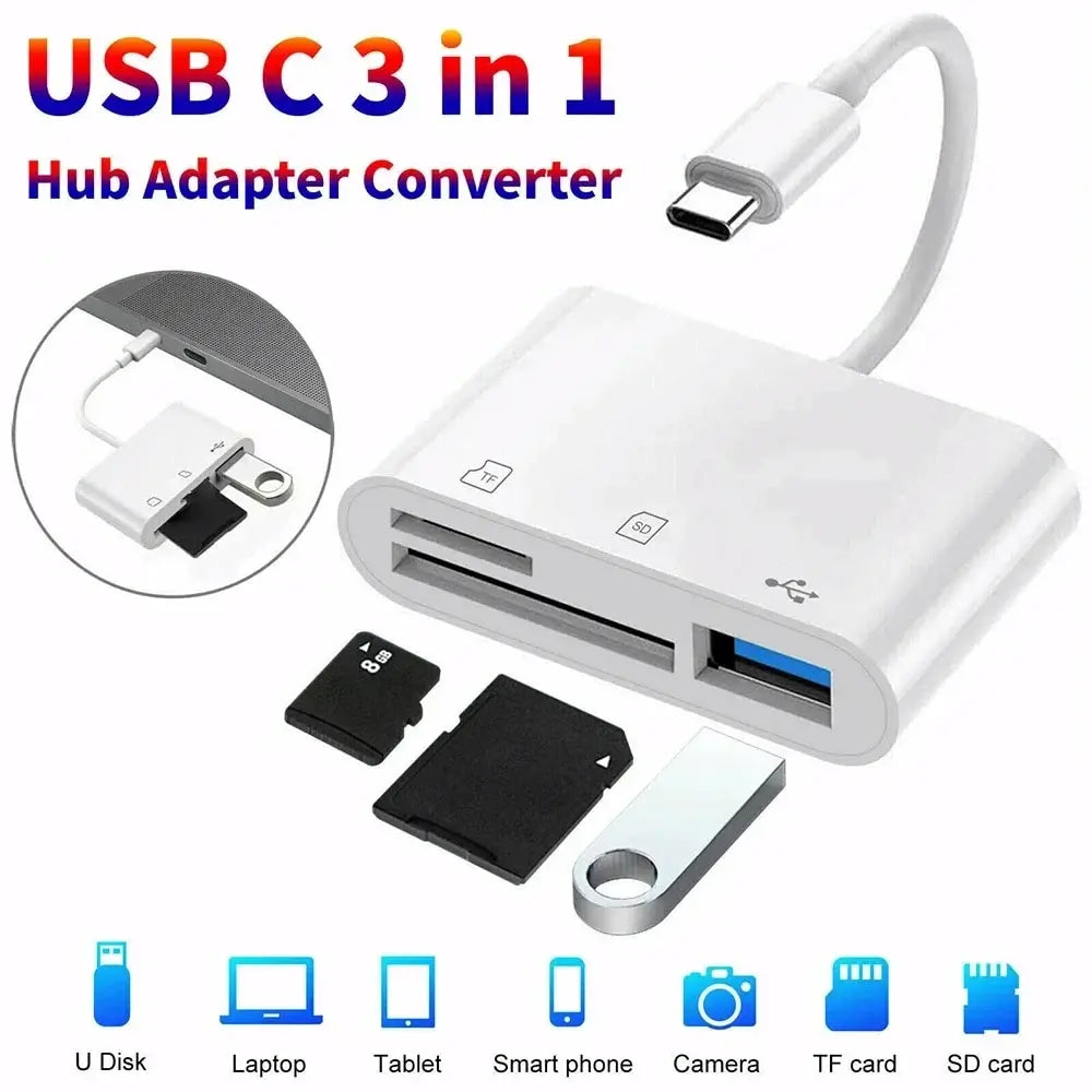 3-in-1 USB-C Memory Card Reader – SD, TF & CF Adapter Memory Card Reader HIP