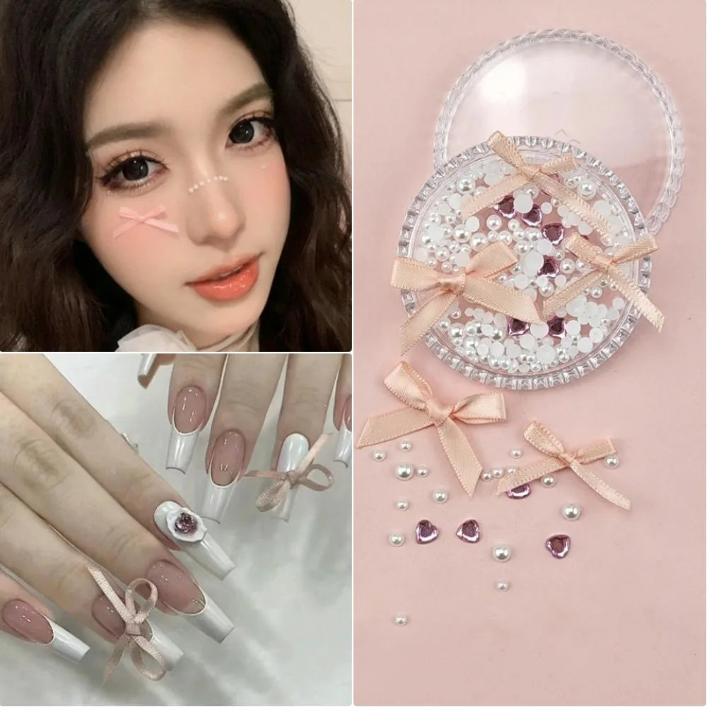1 Box Sweet Face Jewelry Decoration Rhinestone 3D Bow Love Crystal Diamond Pearl Safe Nail Hair Accessories Festival Face Makeup HIP 06Pink