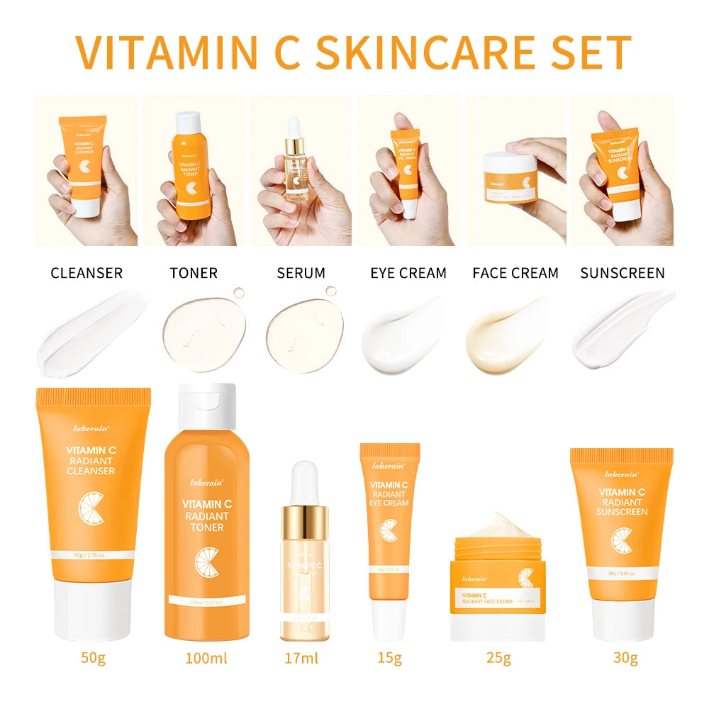 6pcs Vitamin C SkinCare Set Facial Cleanser Toner Serum Eye Cream Serum Moisturizer Eye Cream Gift for Women Girl HIP