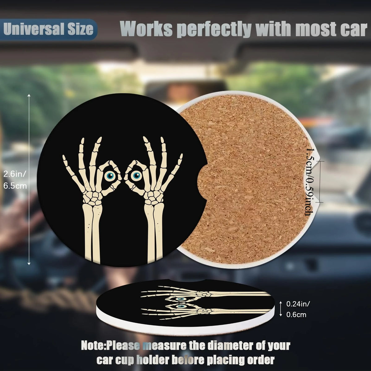 Skeleton Evil Eye Car Cup Holder Coasters – 2-Pack Ceramic Car Cup Holder Coasters HIP