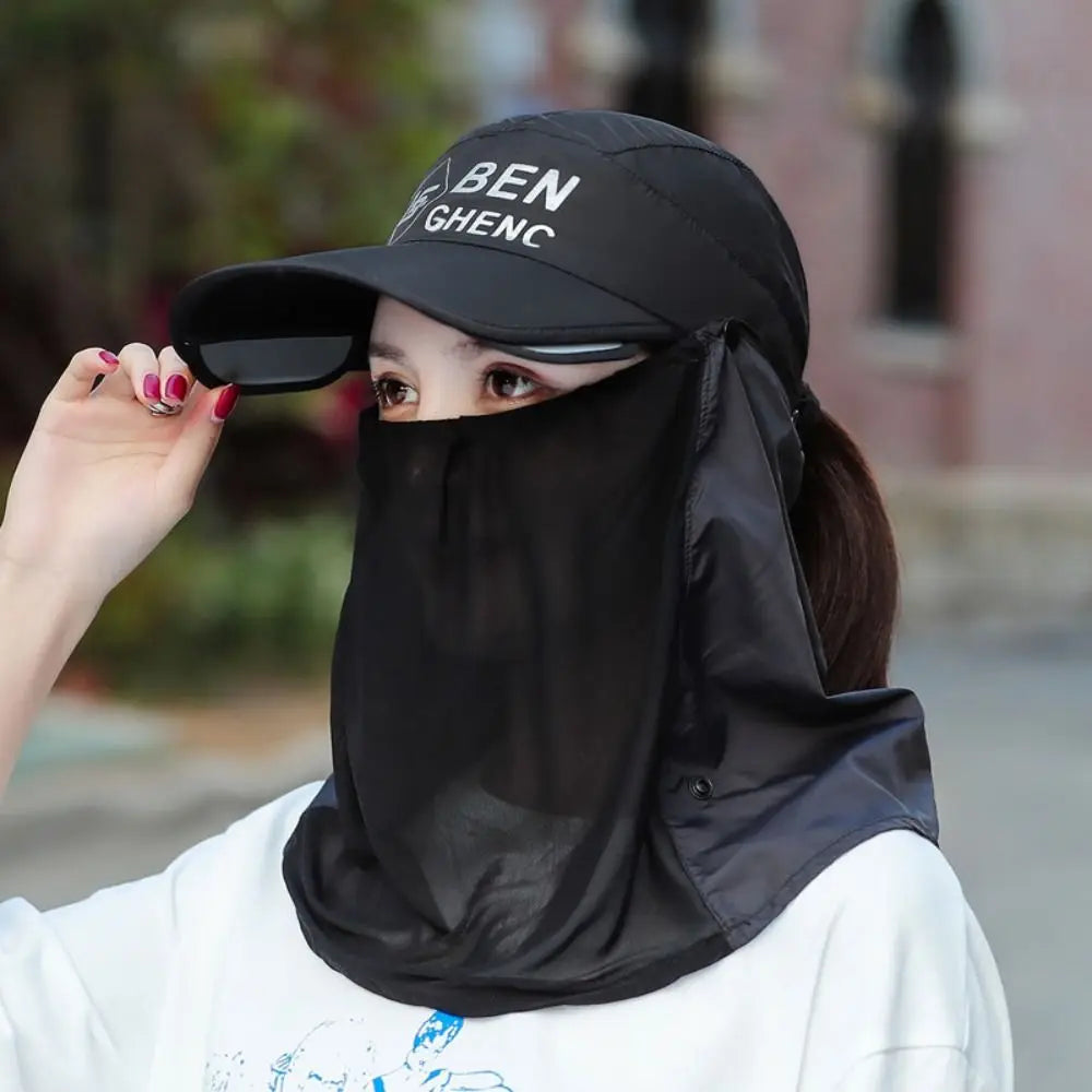 Women's UV Ice Silk Full Face Sun Cap – Breathable Outdoor Hat UV Protection Sun Hat HIP black