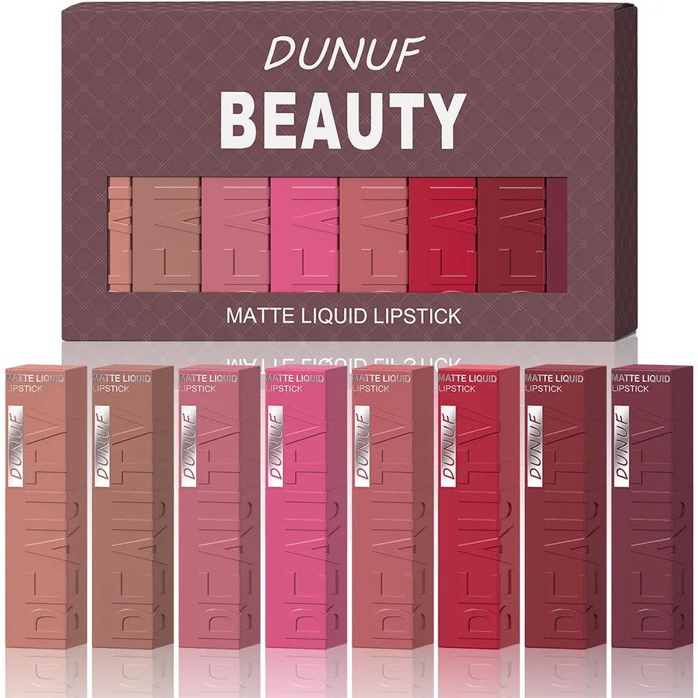 DUNUF 8-Pc Velvet Matte Liquid Lipstick Set – Waterproof Liquid Lipstick Set HIP 1