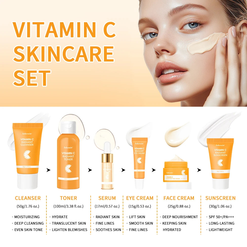 6pcs Vitamin C SkinCare Set Facial Cleanser Toner Serum Eye Cream Serum Moisturizer Eye Cream Gift for Women Girl HIP
