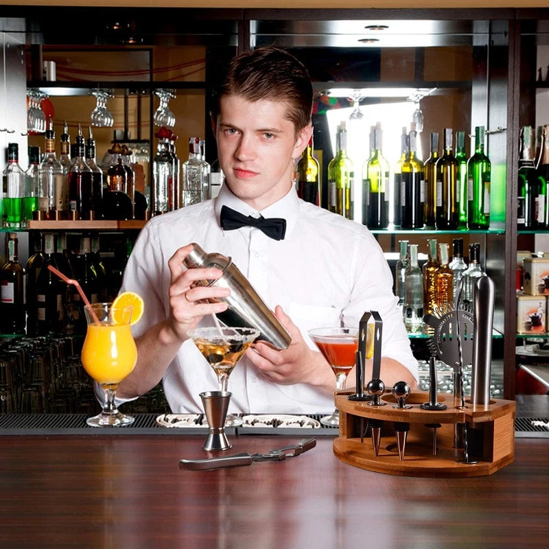 12-Piece Stainless Steel Cocktail Shaker Bartender Kit & Wooden Rack Cocktail Shaker Set HIP