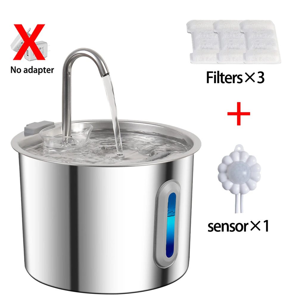 Cat Automatic Water Fountain, 2.2L Stainless Steel Pet Water Fountains with 3/9 Filters, Ultra-Silent Design for Dogs & Cats HIP 1set-3fliters-sensor No plug