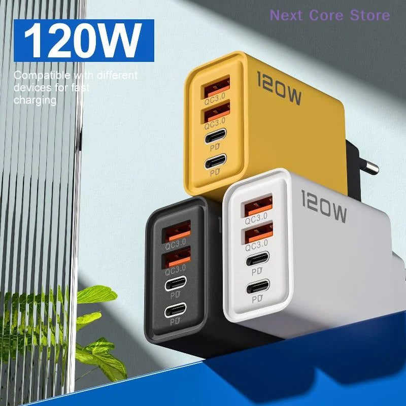 4-Port 120W USB-C Fast Charger – PD & QC3.0 Wall Adapter USB Wall Charger HIP