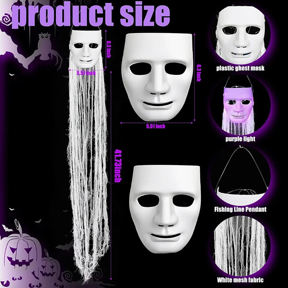 Paintable DIY Face Glowing Ghost Mask 105cm Hanging Long Hair Halloween Prop Yard Indoor Outdoor Haunted House Decor HIP
