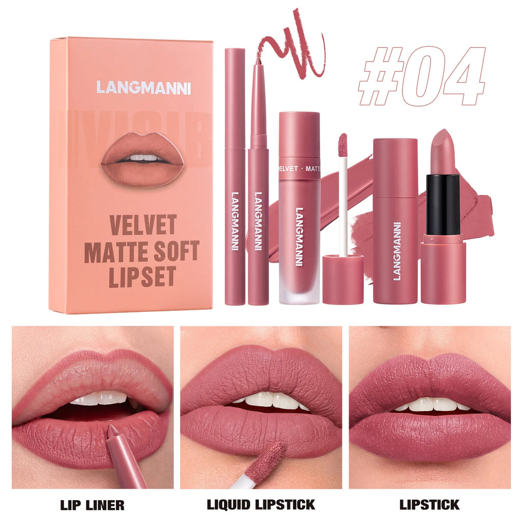 LANGMANNI 3-Pc Matte Liquid Lipstick & Lip Liner Kit Lip Makeup Kit HIP 04 Full Size