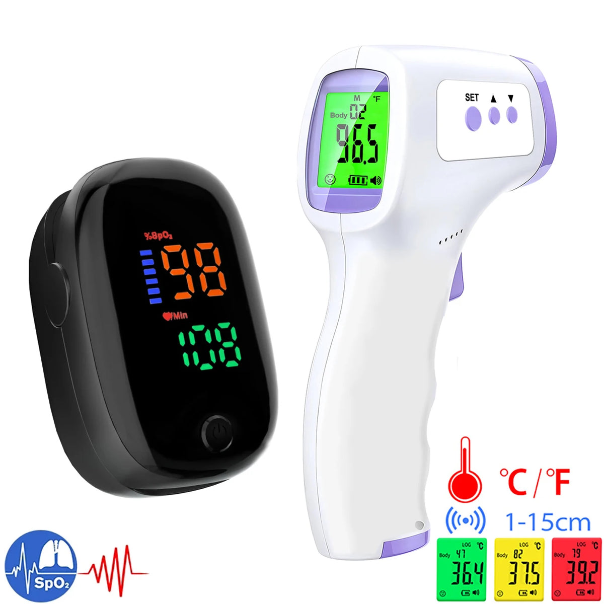 Non-Contact IR Thermometer & Finger Pulse Oximeter | Fireurus Health Monitoring Device HIP