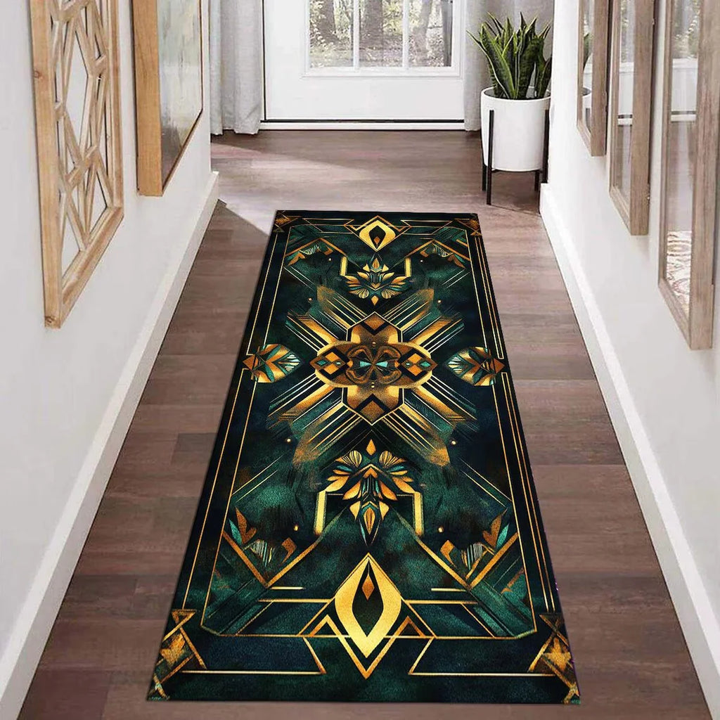 Geometric Anti-Slip Floor Runner Rug – Dark Green & Gold Floor Runner Rug HIP 2 40x120cm-Felt