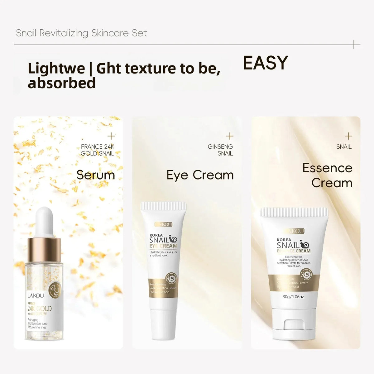 LAIKOU 24K Gold Snail Serum Eye Cream & Essence Set Skincare Serum Set HIP