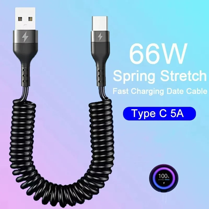 66W Retractable USB-C Fast Charging Spring Cable – 5A USB-C Charging Cable HIP
