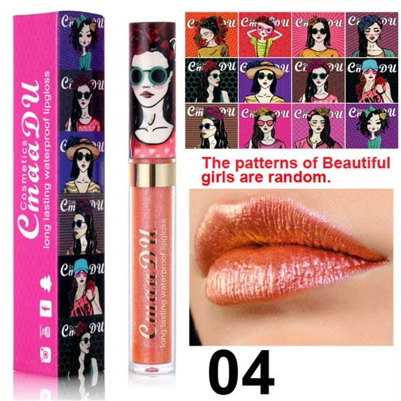 Cmaadu shimmer lip gloss beauty girl diamond glitter lip tint waterproof long lasting 12 color gold flash liquid lipstick makeup HIP 04