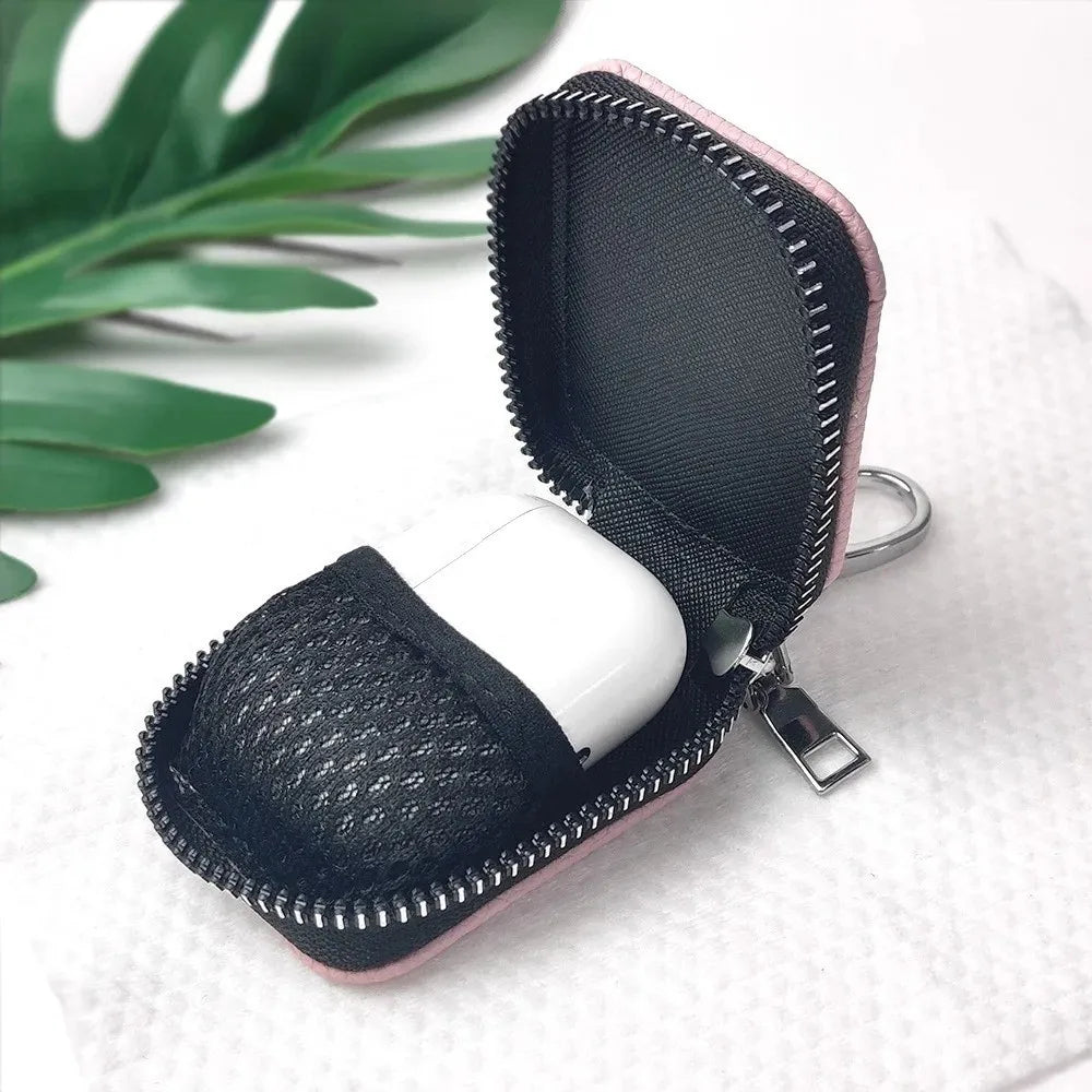 Leather AirPods Case Bag with Keychain – Lychee Zipper Pouch Earphone Storage Case HIP