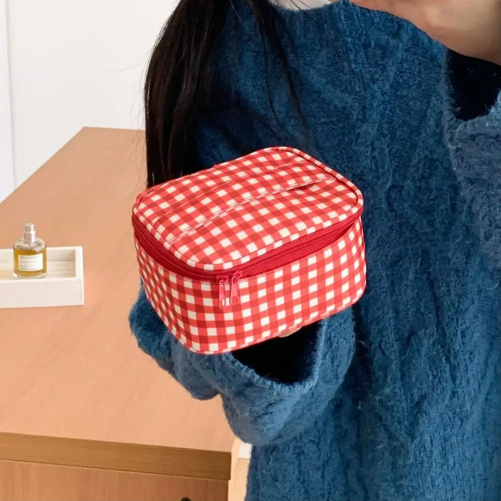 Red Grid Canvas Makeup Bag – Multi-Size Cosmetic Pouch Cosmetic Makeup Bag HIP