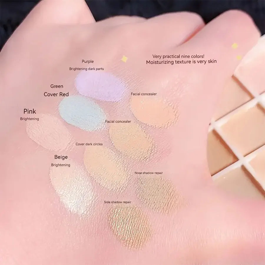 9-Color Flawless Concealer Palette - Waterproof, Sweatproof, Full Coverage - Corrects Spots, Acne, Dark Circles, Tear Grooves - HIP