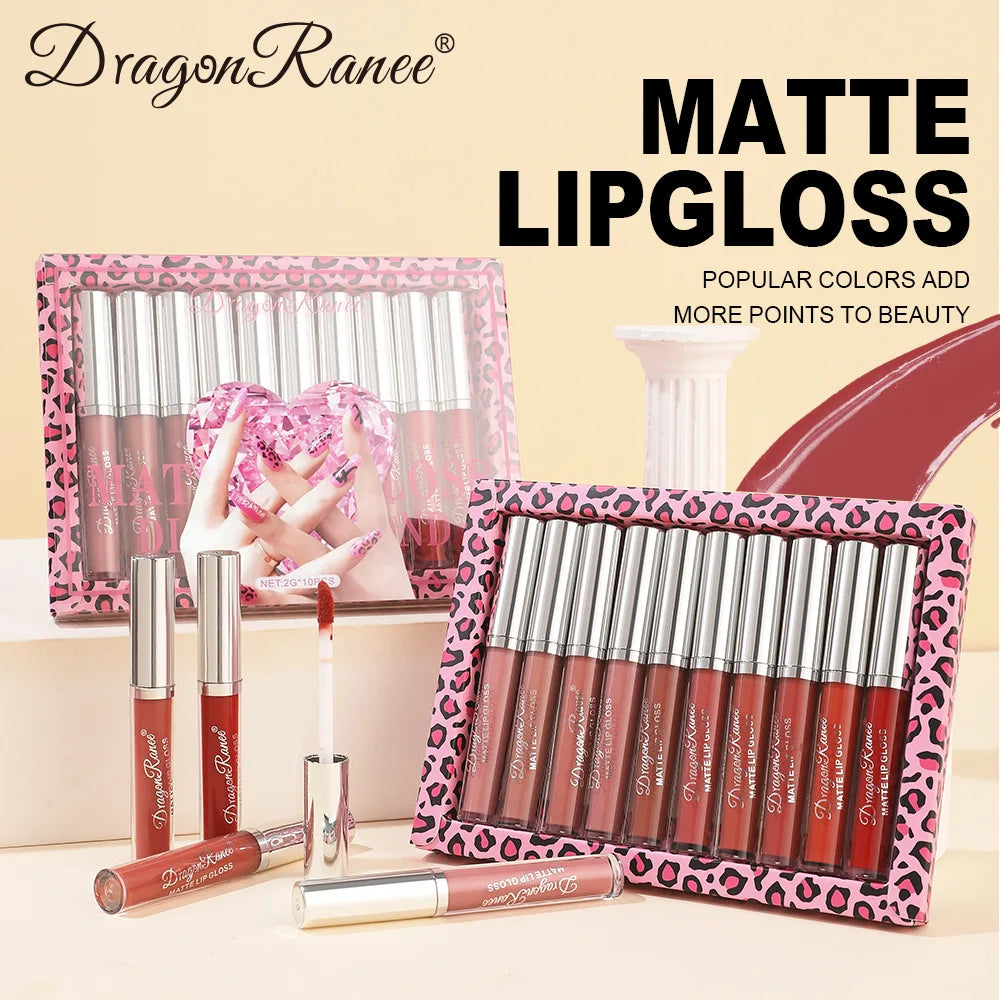 Dragon Ranee Velvet Matte Lip Gloss Set – 10 Pc Waterproof Matte Lip Gloss Set HIP