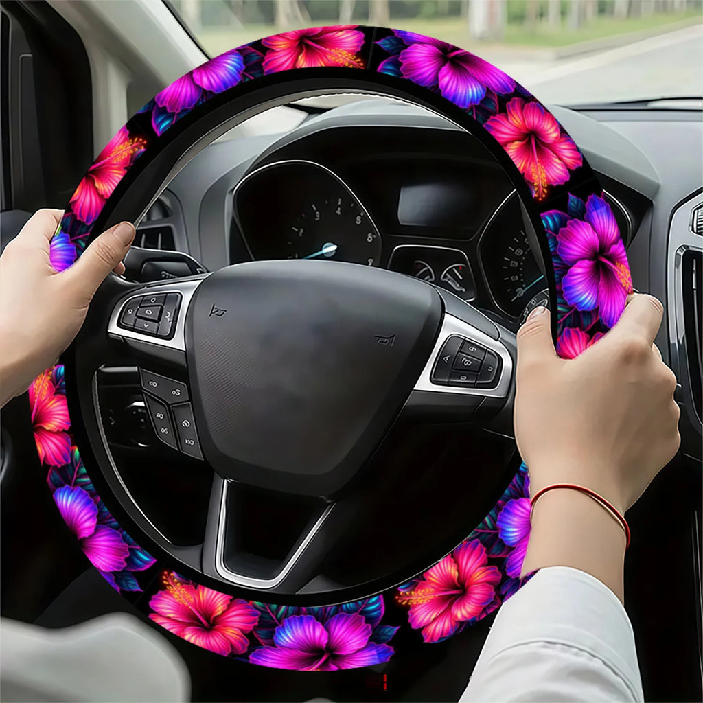 Hibiscus Floral Steering Wheel Cover – Universal Anti-Slip Fit Steering Wheel Cover HIP
