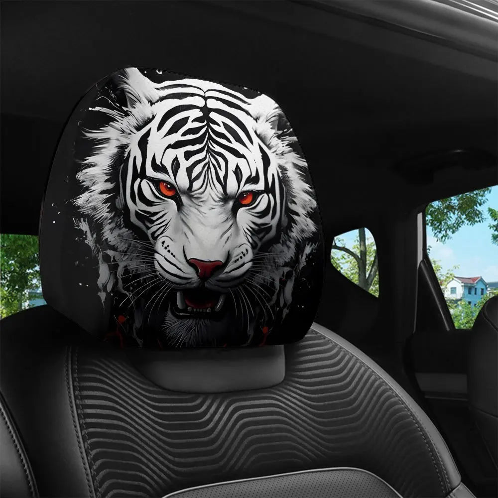 2-Pack White Tiger Print Car Headrest Covers | Easy Fit Car Headrest Cover HIP