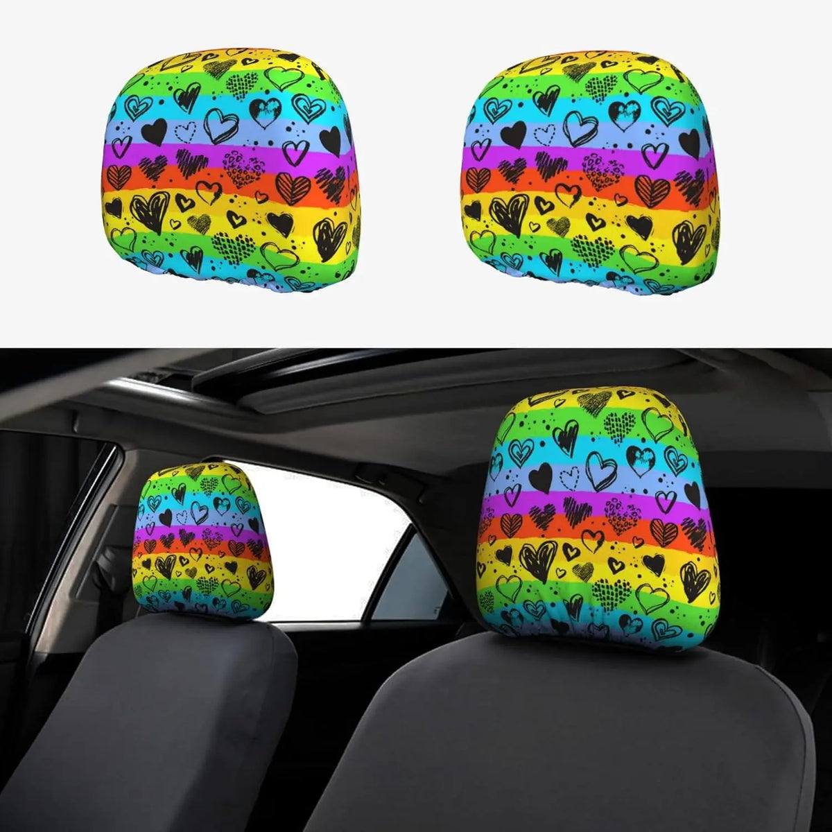 Rainbow Hearts Car Headrest Covers – 2-Pack Universal Fit Car Headrest Covers HIP