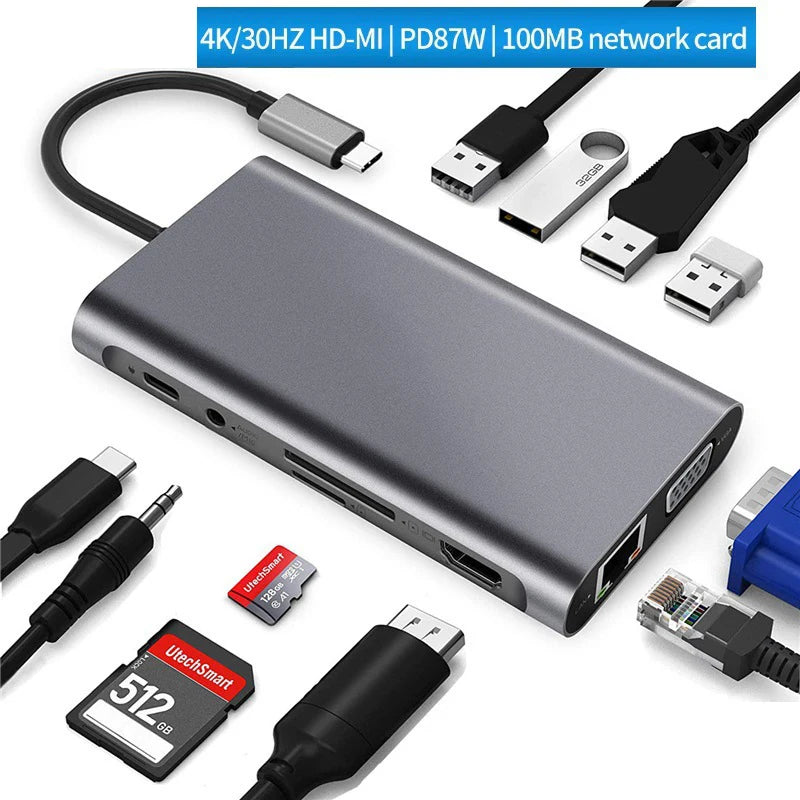 OULLX 11-in-1 USB-C Hub – HDMI 4K, VGA, RJ45, PD Charging USB-C Multiport Hub HIP Default Title