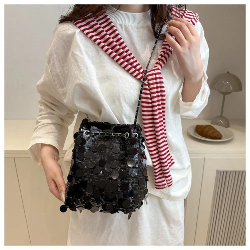 Shiny Sequin Bucket Bag – Chain Strap Crossbody | Korean Style Sequin Crossbody Bag HIP