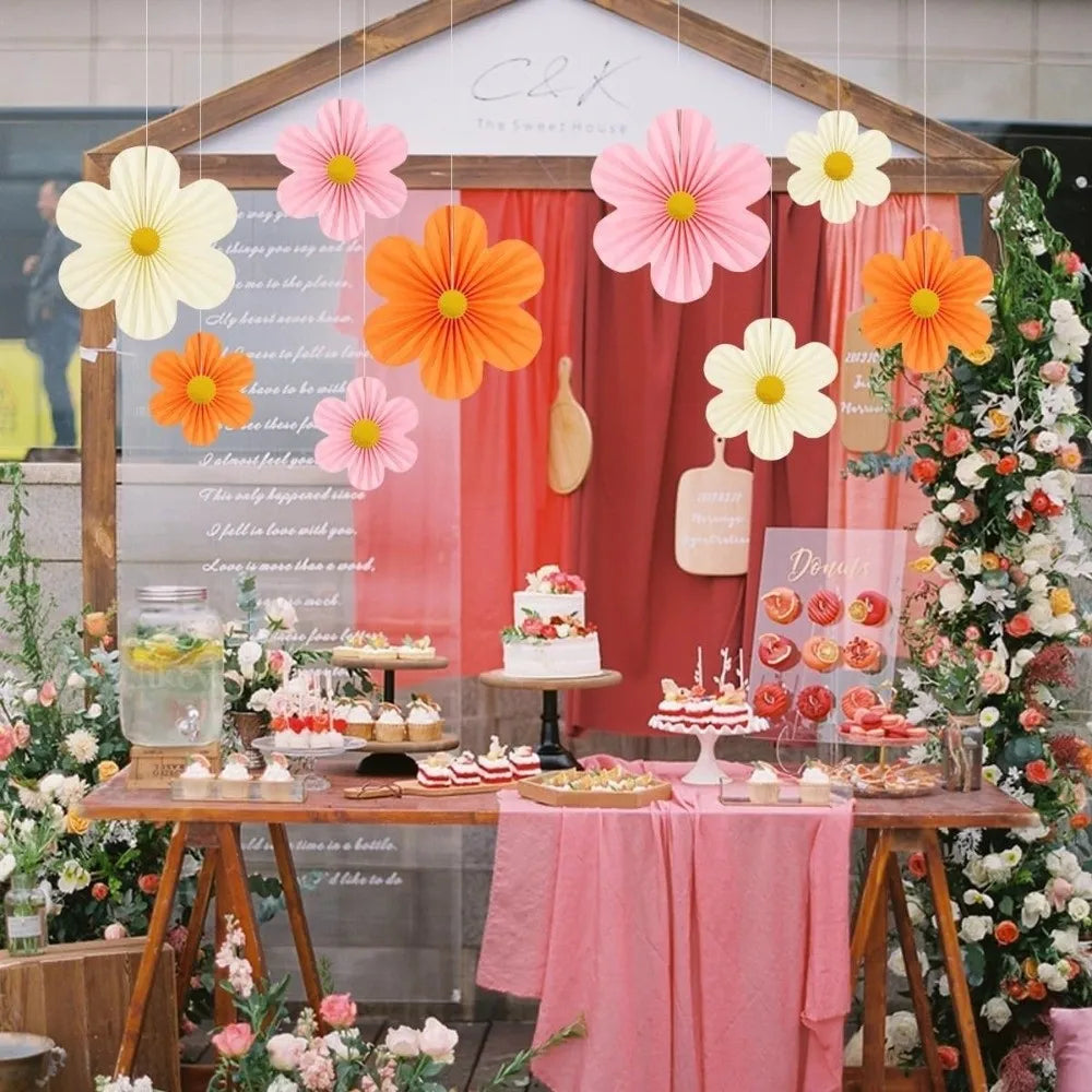 9-Piece Pink Paper Fan Flowers & Pom Poms Backdrop Set Party Backdrop Decor HIP