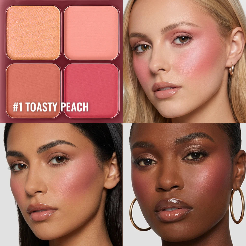 4 Shades Blush Palette Matte Shimmer Dual Texture Rich Pigment Long Lasting Soft Blur Compact Blush Daily Cheek Face Makeup HIP