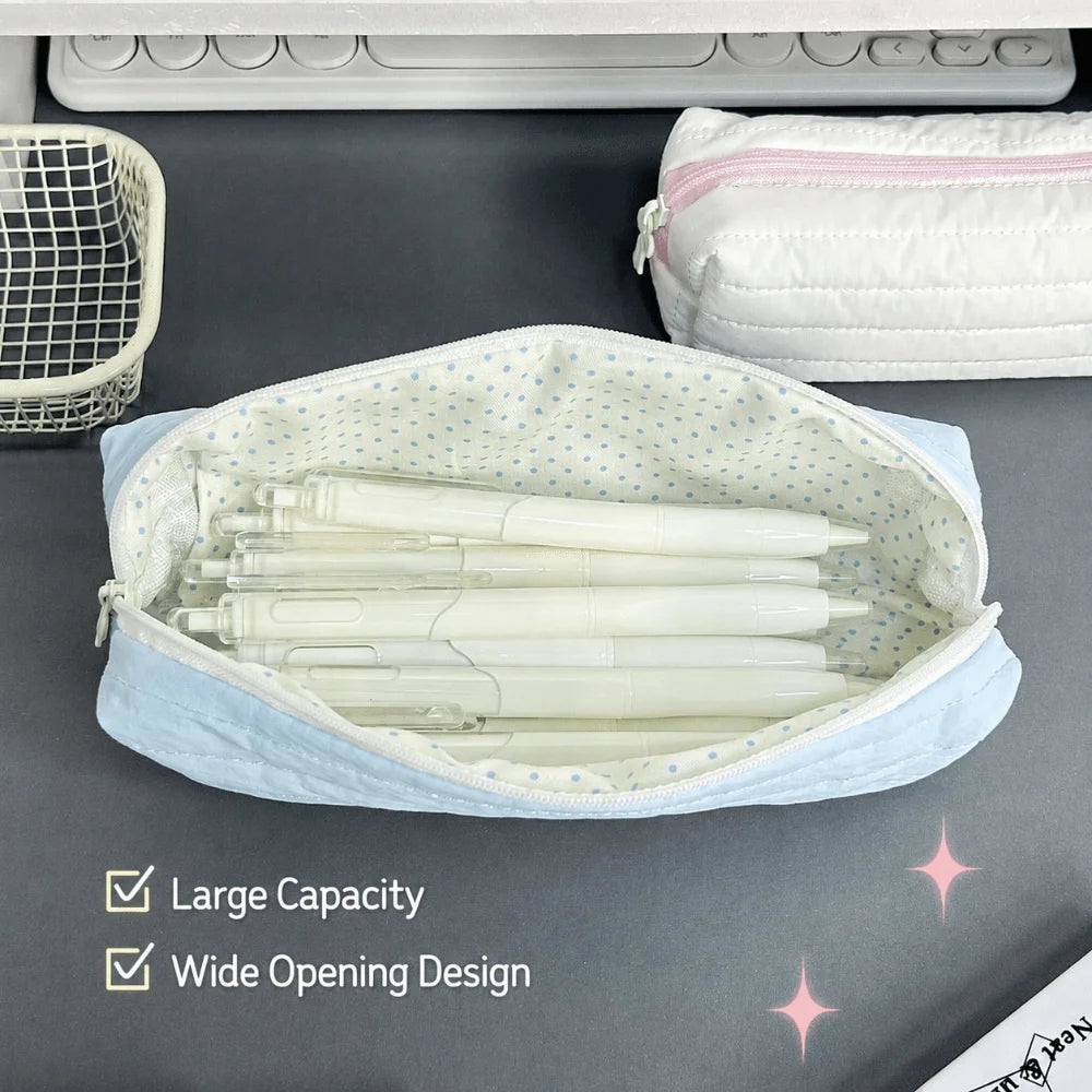 Large Cream Pencil Case – Cute Quilted Stationery Pouch Pencil Case HIP