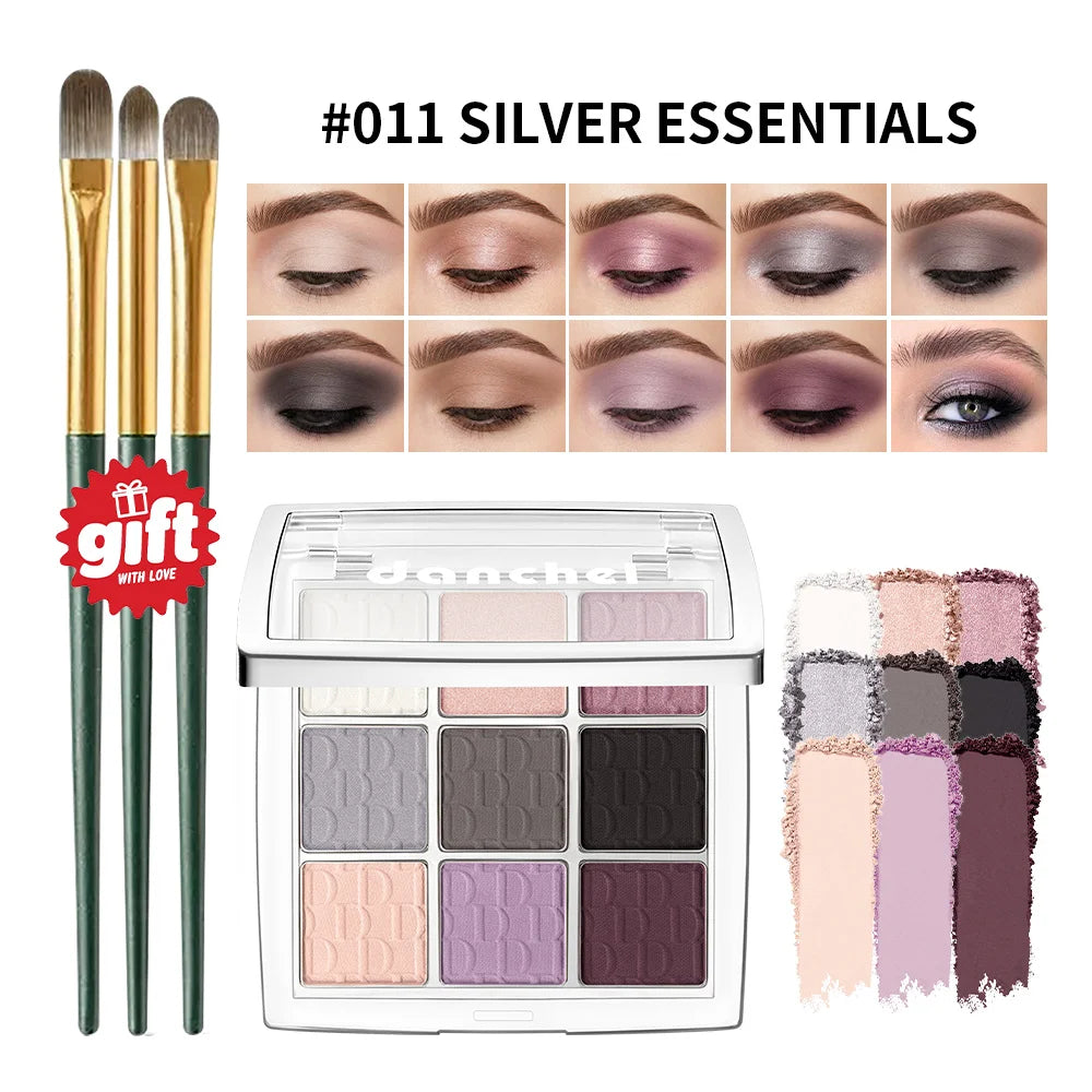 9 Colors Eyeshadow Palette With 3Pcs Brushes Long Lasting Waterproof Matte Shimmer Lying Silkworm Highlighter Daily Eye Makeup HIP 011 Silver