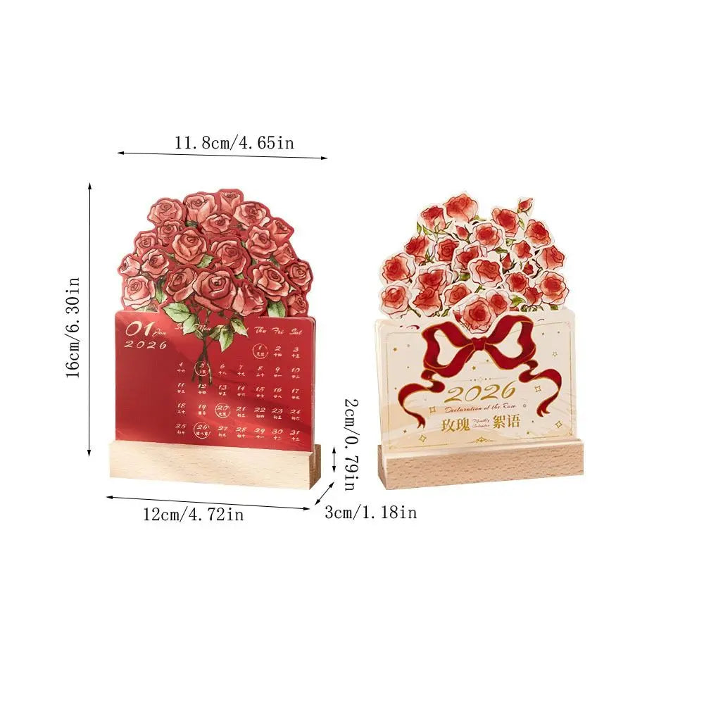 2026 Mini Desk Calendar – Rose Floral Design & Wooden Base Mini Desk Calendar HIP