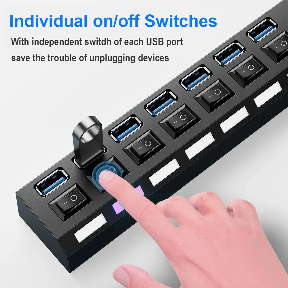 KEBIDUMEI 7-Port USB 2.0 Hub with Individual ON/OFF Switches USB Hub Splitter HIP