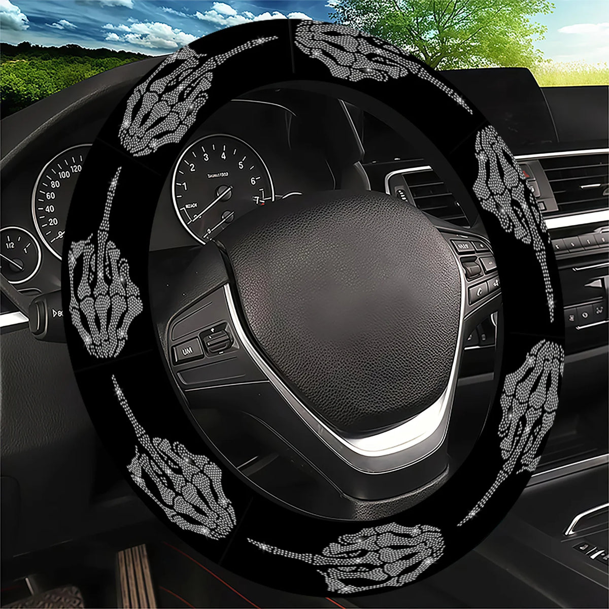 Skeleton Steering Wheel Cover – Gothic Style, Universal Fit Steering Wheel Cover HIP black