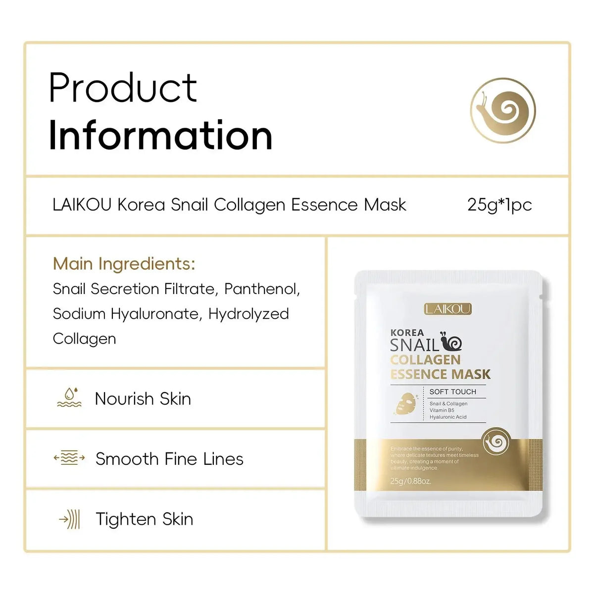 LAIKOU Snail Collagen Face Mask – Hydrating & Firming 25g Hydrating Sheet Mask HIP