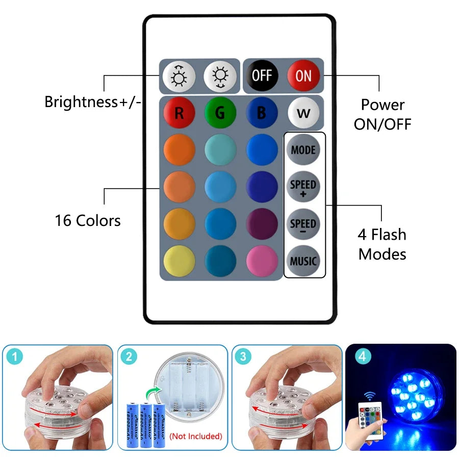 10Led RGB Dive Fish Light LED Underwater Lamp Remote Control Swimming Pool Light Portable Battery Operated For Vase Aquarium HIP