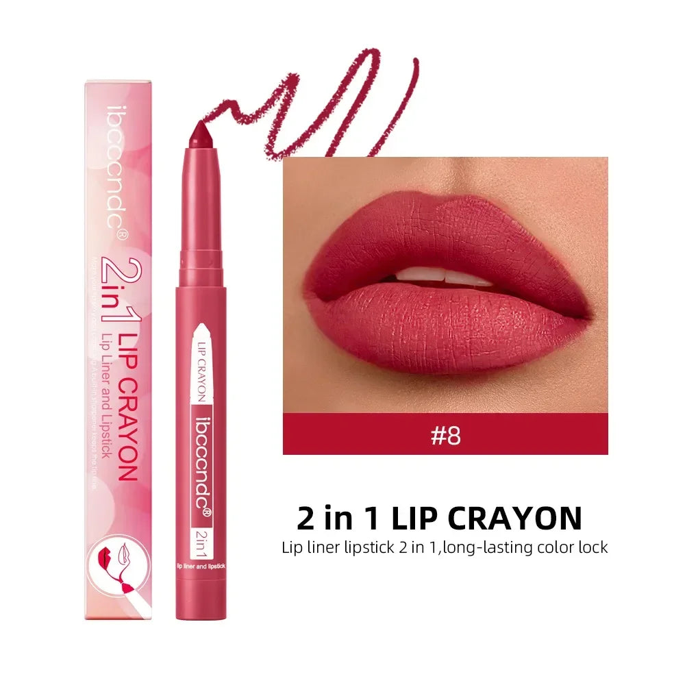 2-in-1 Lip Liner Waterproof Long Lasting Matte Lipstick Pencil Nude Pink Lips Outline Makeup Crayon Stick Lip Tint Line Cosmetic HIP 08