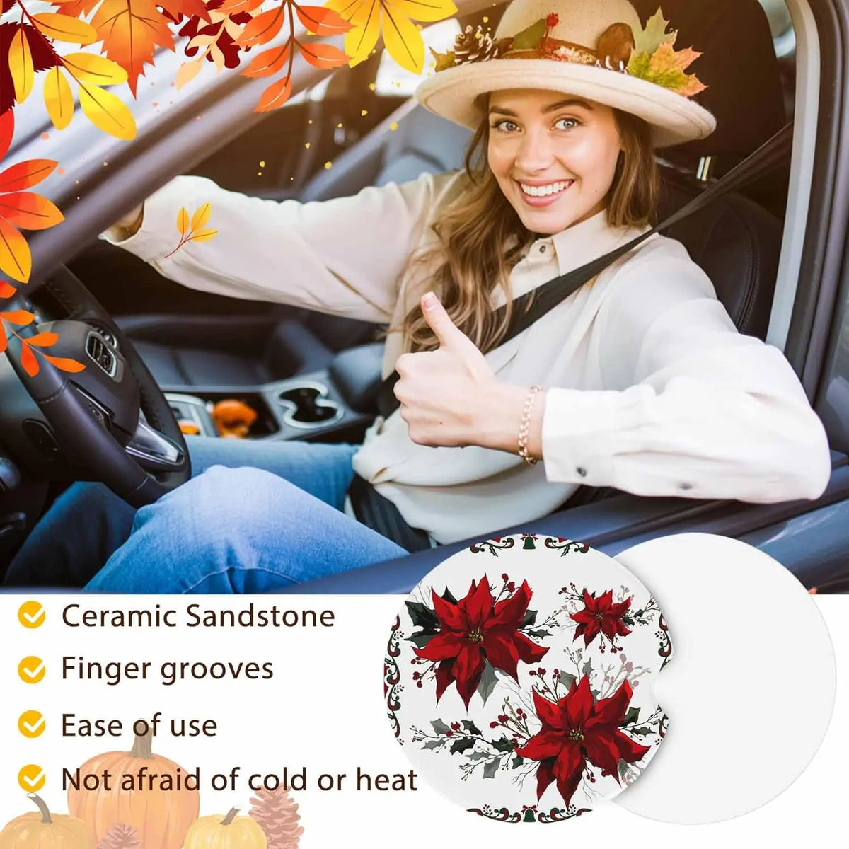 Christmas Poinsettia Ceramic Car Cup Coasters Set of 2 – 2.56" Car Cup Coasters HIP
