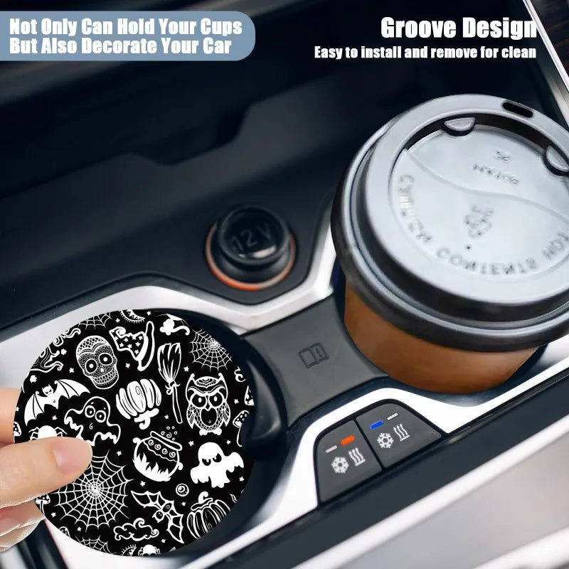 Halloween Skull & Bat Ceramic Car Coasters – 2-Pack Absorbent Car Cup Coasters HIP