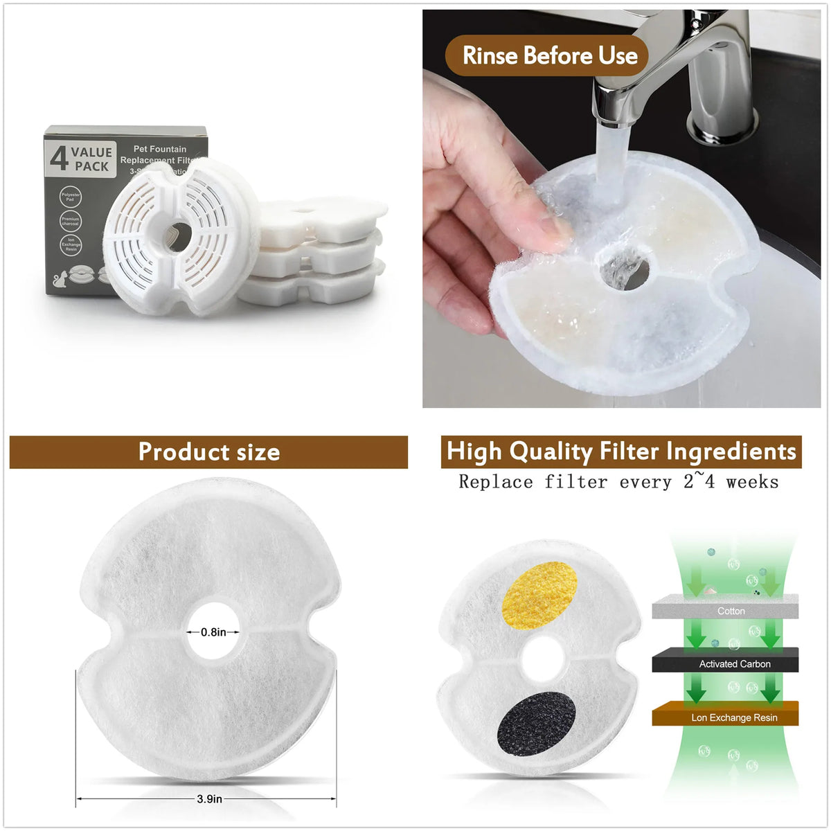 Pack of 8/12 Pet Water Fountain Filters Cat Dog Replacement Activated Carbon Filter Multiple Filtration Fit for 1.6L/2L/2.4L/3L HIP