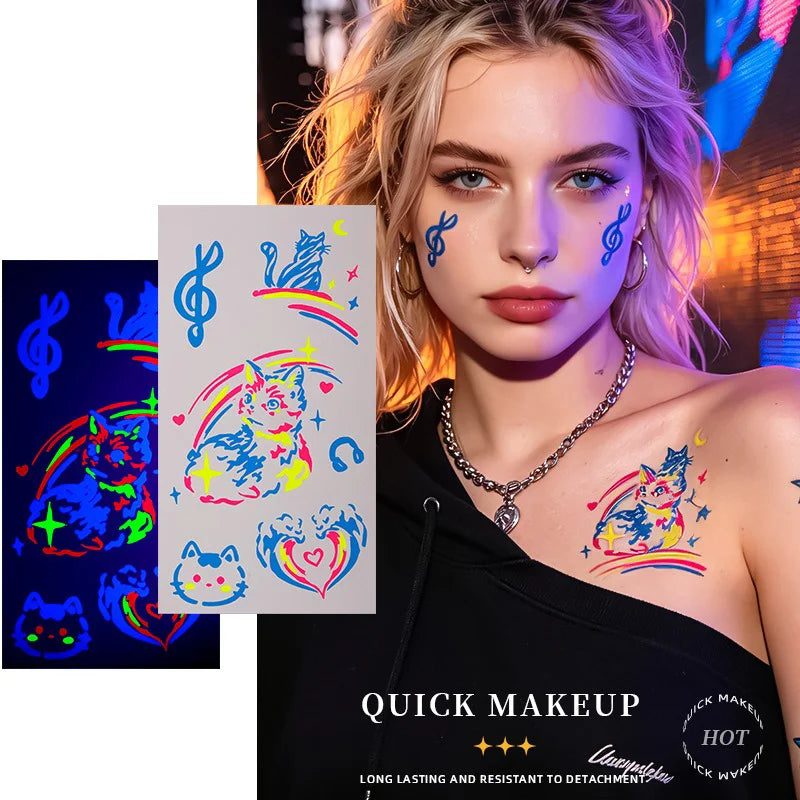 Neon Glow UV Temporary Tattoo Stickers Waterproof Halloween Skeleton Love Heart Spider Butterfly Face Body Tattoo Carnival Party HIP