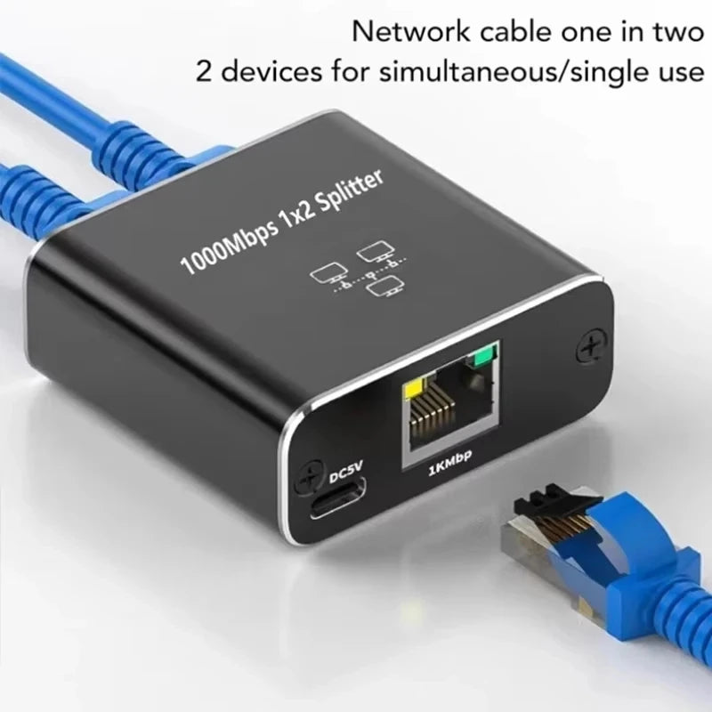 Network Cable Splitter With One To Two Simultaneous Internet Access, Rj45 Splitter With One To Two Switch, Ethernet Port Gigabit HIP black