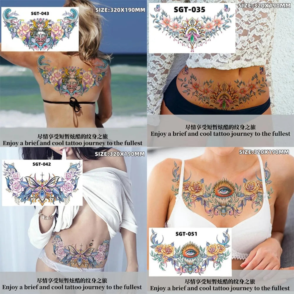 Waterproof Temporary Tattoo Sticker Big Chest Beauty Flower Fashion Colorful Butterfly Gem Diamond Art Fake Waist Tattoos Woman HIP