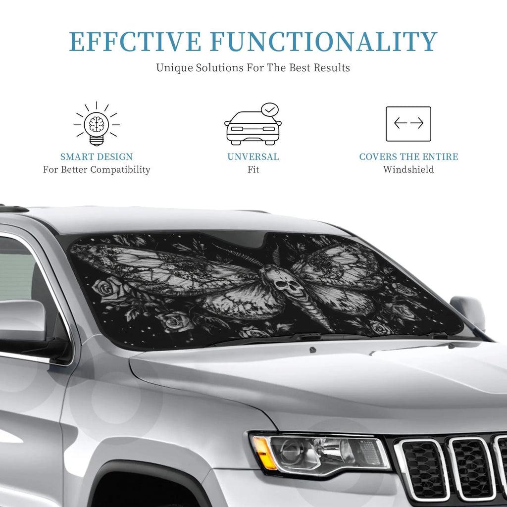 Foldable Car Sunshade – Moth Skull & Celestial Rose Print Car Windshield Sunshade HIP