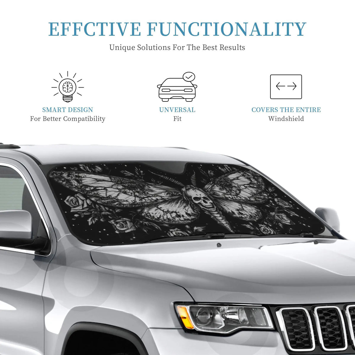 Foldable Car Sunshade – Moth Skull & Celestial Rose Print Car Windshield Sunshade HIP